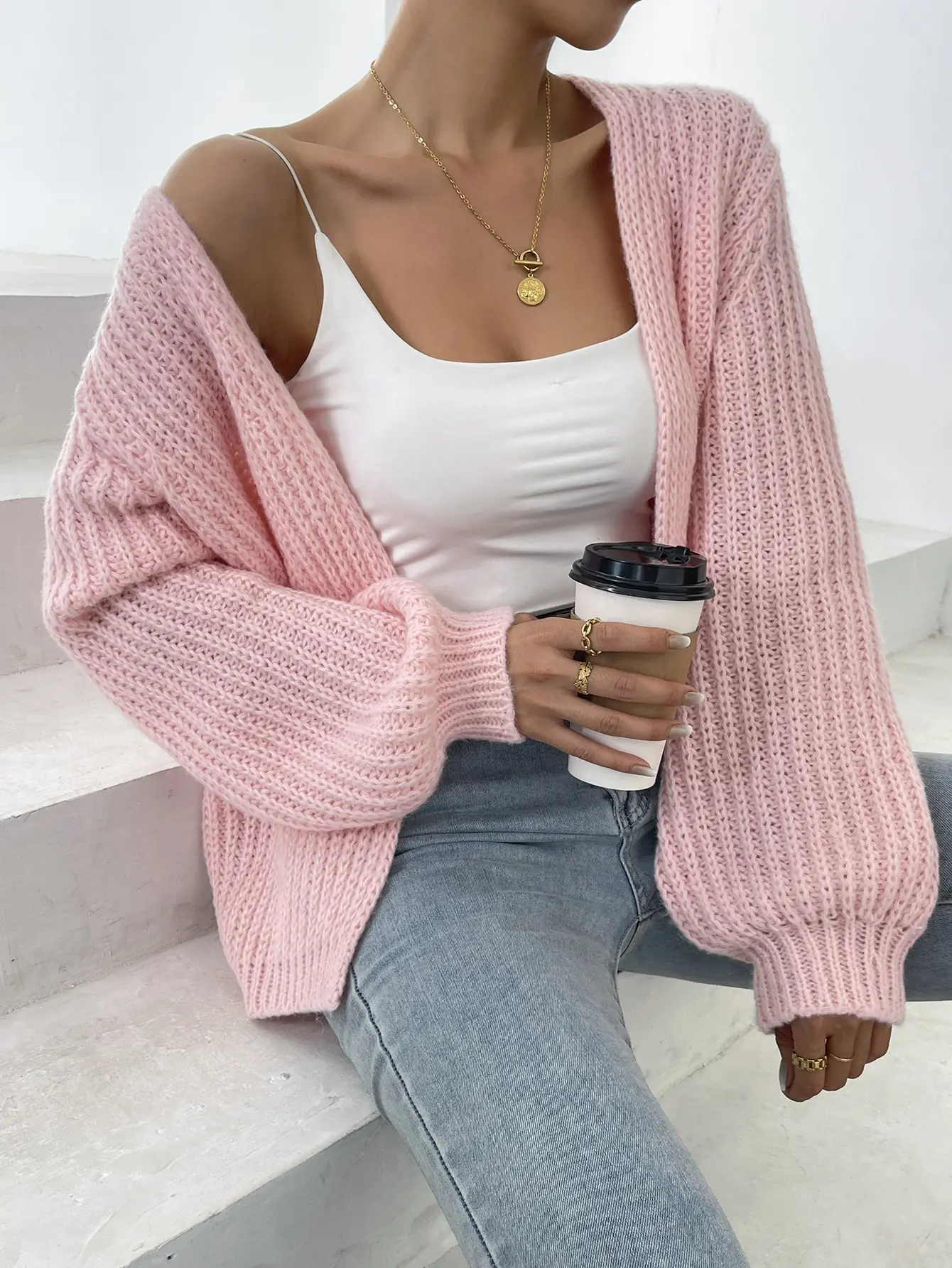 Autumn Winter New  Fashion Women Loose Knitted Cardigan Hot Pink Lantern Sleeve Casual Outerwear Solid Color Sweater Coat