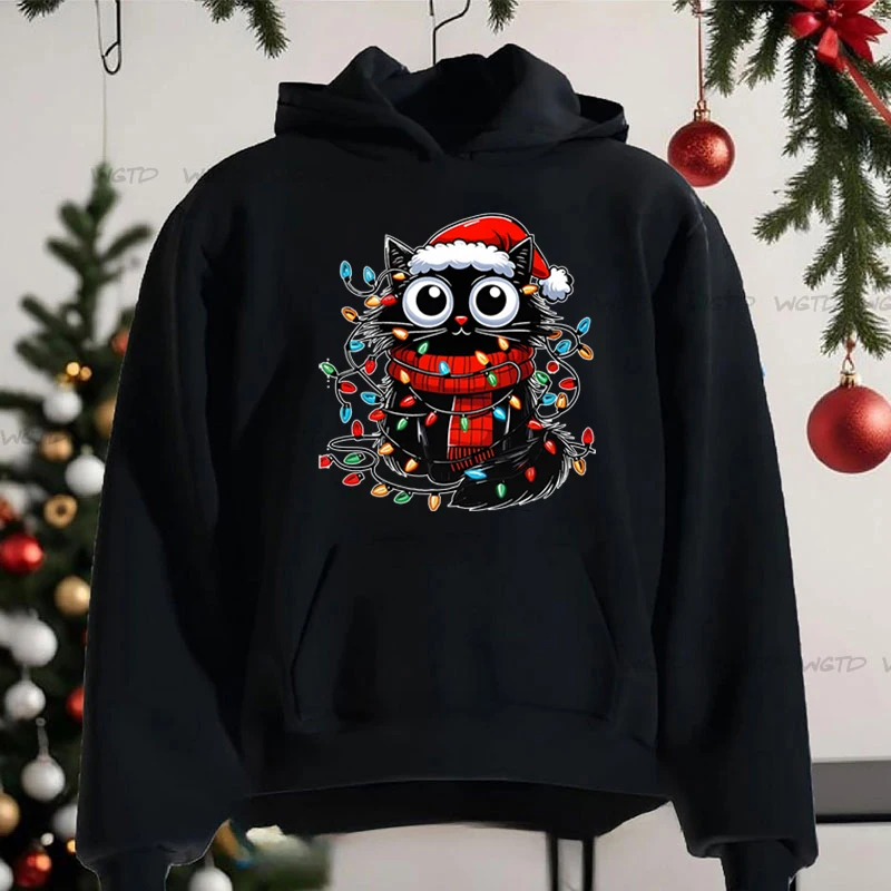 Funny Cartoon Christmas Cat Print Hoodies Street Sporty Women Sweatshirts Comfortable Crewneck Pullover Female Xmas Gifts Hooded