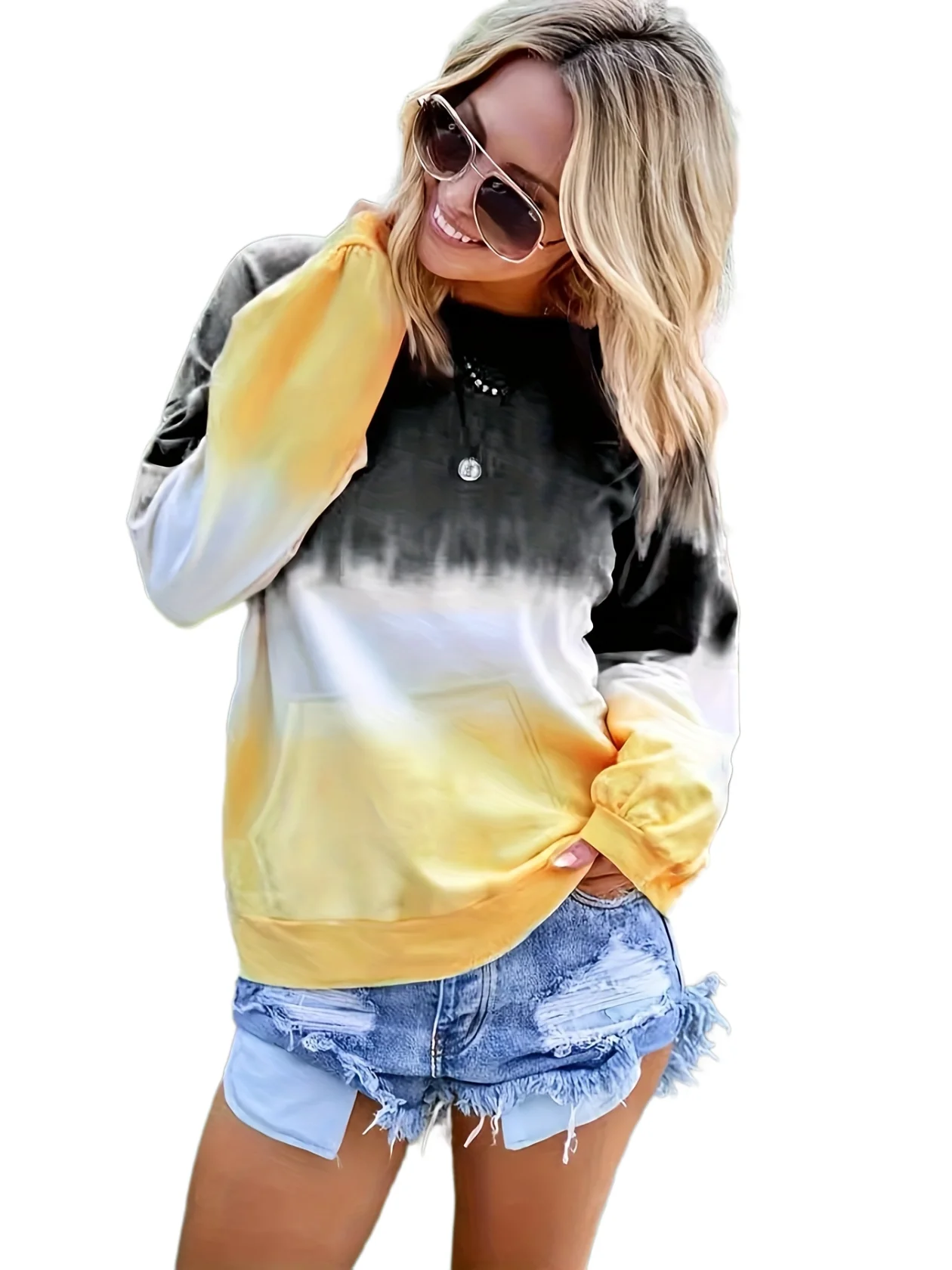 2024 Europe and the United States autumn and winter new women\'s fashion casual gradual change long-sleeved pullover pocket top