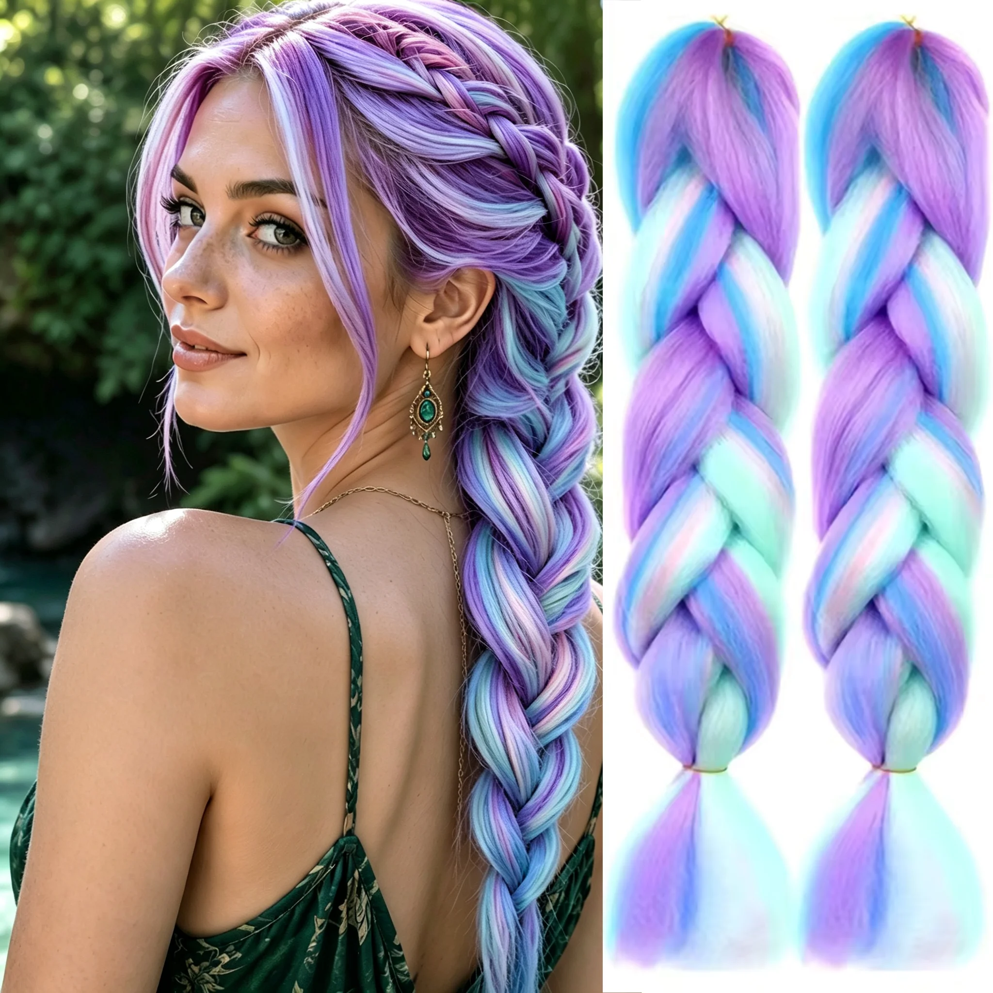 24Inch 2Pcs Synthetic Long Straight Yaki Braids Hair Ombre Braiding Hair Jumbo Rainbow Braid Hair Extension for Women DIY Hair
