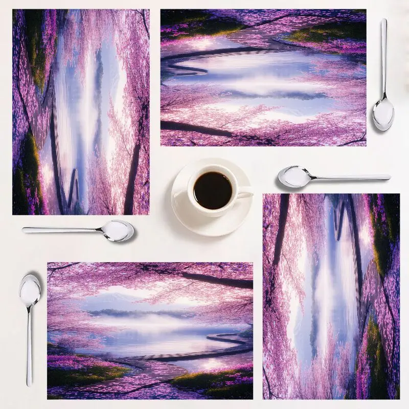 

4-piece rectangular placemats, dreamy cherry blossom scenery, easy to clean, perfect for home & festive dining!