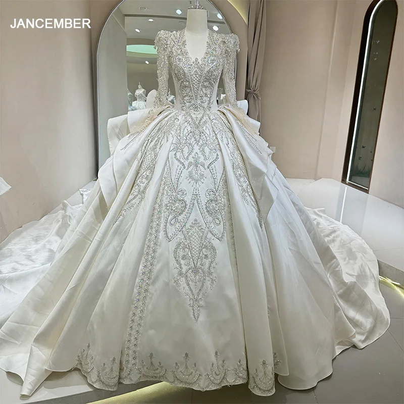 2026 Elegant V-neck Sparkling Princess Wedding Dress Bohemian Beach Long Sleeve Bride Dress Customization robe de mariée