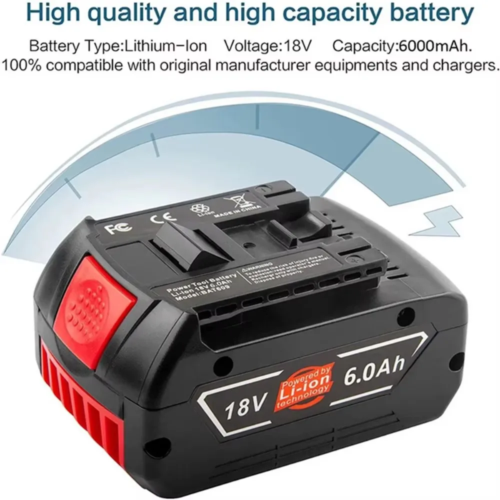 Batterie lithium-ion aste pour perceuse Bosch, 18V, 6,0 Ah, BAT609, BAT609G, BAT618, BAT618G, BAT614 + 1 chargeur