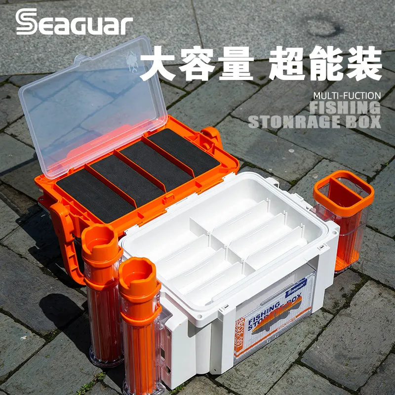 Seaguar Multi-functional Fishing Tackle Box, Large Capacity Portable Lure Box with 2 sets of rod holders and 1 storage bucket