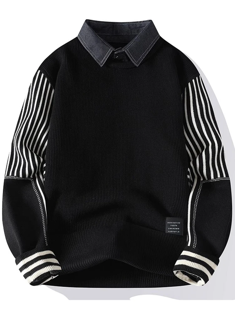

Thiened Long Sve Knitted irt Collar Base Layer Men's Faion Winter Sweater Striped Pattern Casual Wear Cotton Polyester