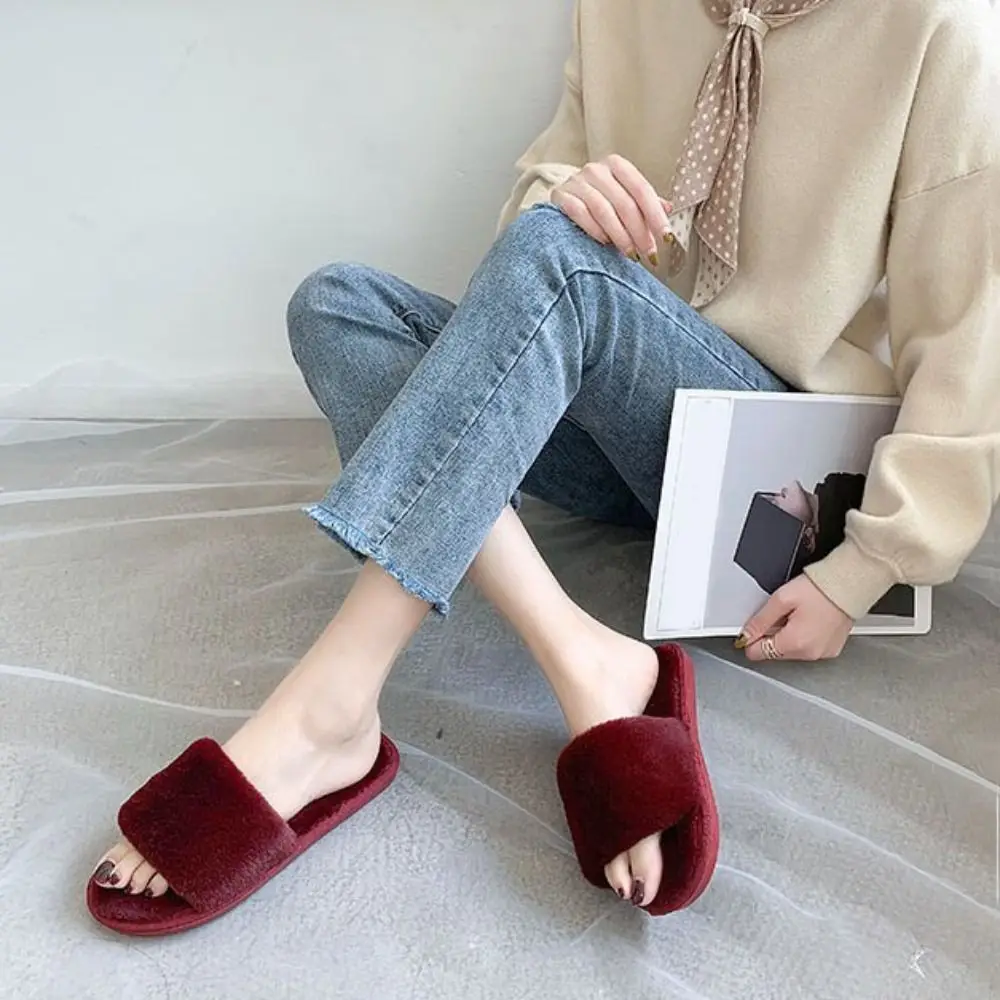 موضة المضادة للانزلاق الشتاء نعال قماش الطابق أحذية Homewear نعال تدفئة النساء فروي موضة فو نِعال من الفراء في الهواء الطلق #3