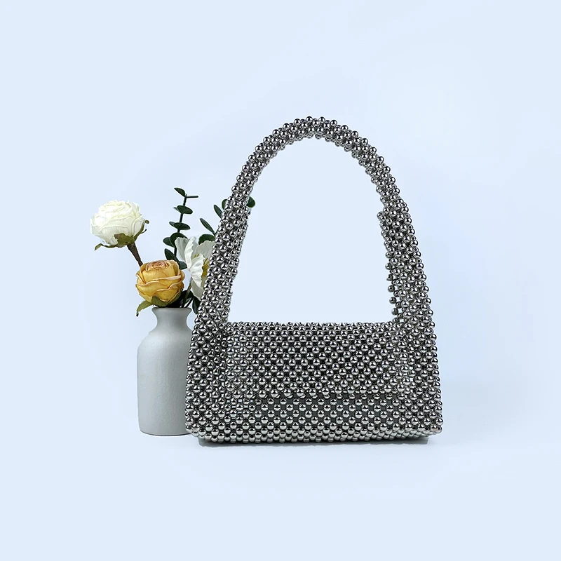 24 new niche design handbag bag silver imitation metal plating handmade glitter beaded bag is cool