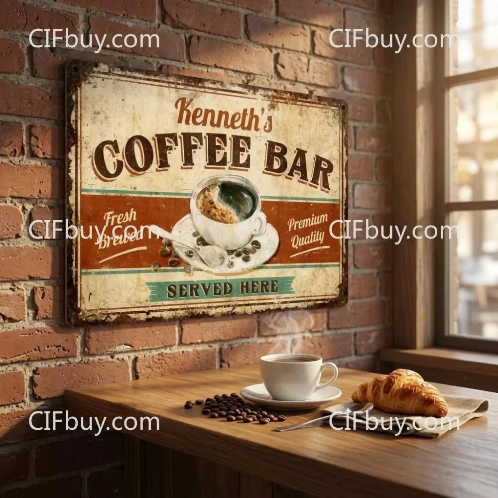 CIFbuy [2D Flat] Custom Coffee Bar Vintage Metal Sign, Personalized Name Retro Wall Plaque, Kitchen Cafe Decor Only