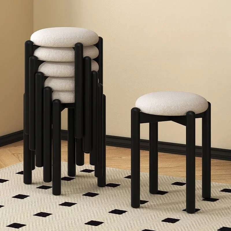 Solid wood makeup stool soft bag rubber wood low stool round stool household dining dressing high bench living room
