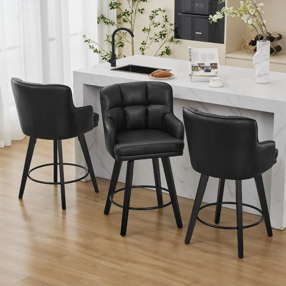 

360°Swivel Counter Height Bar Stools with Back, 26 inch Solid Wood Legs, Bar Stool Modern Kitchen Island Chairs, Faux Leather