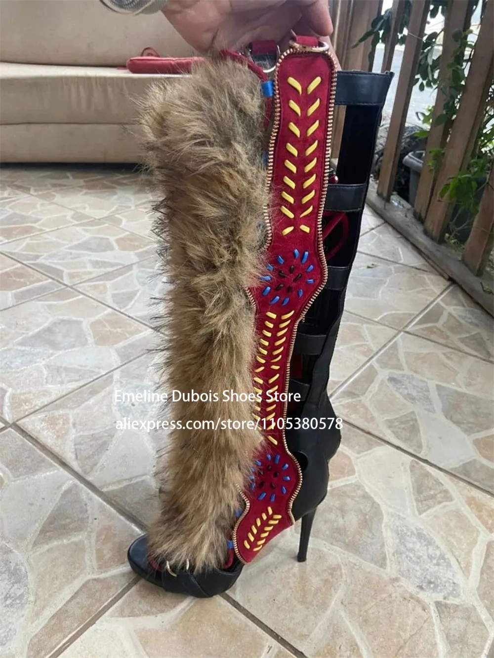

Faux Fur Knee High Cross Strap Boots Sandals Bohemian Gladiator Boot Round Open Toe Stilettos High Heels Zipper Fashion Shoes