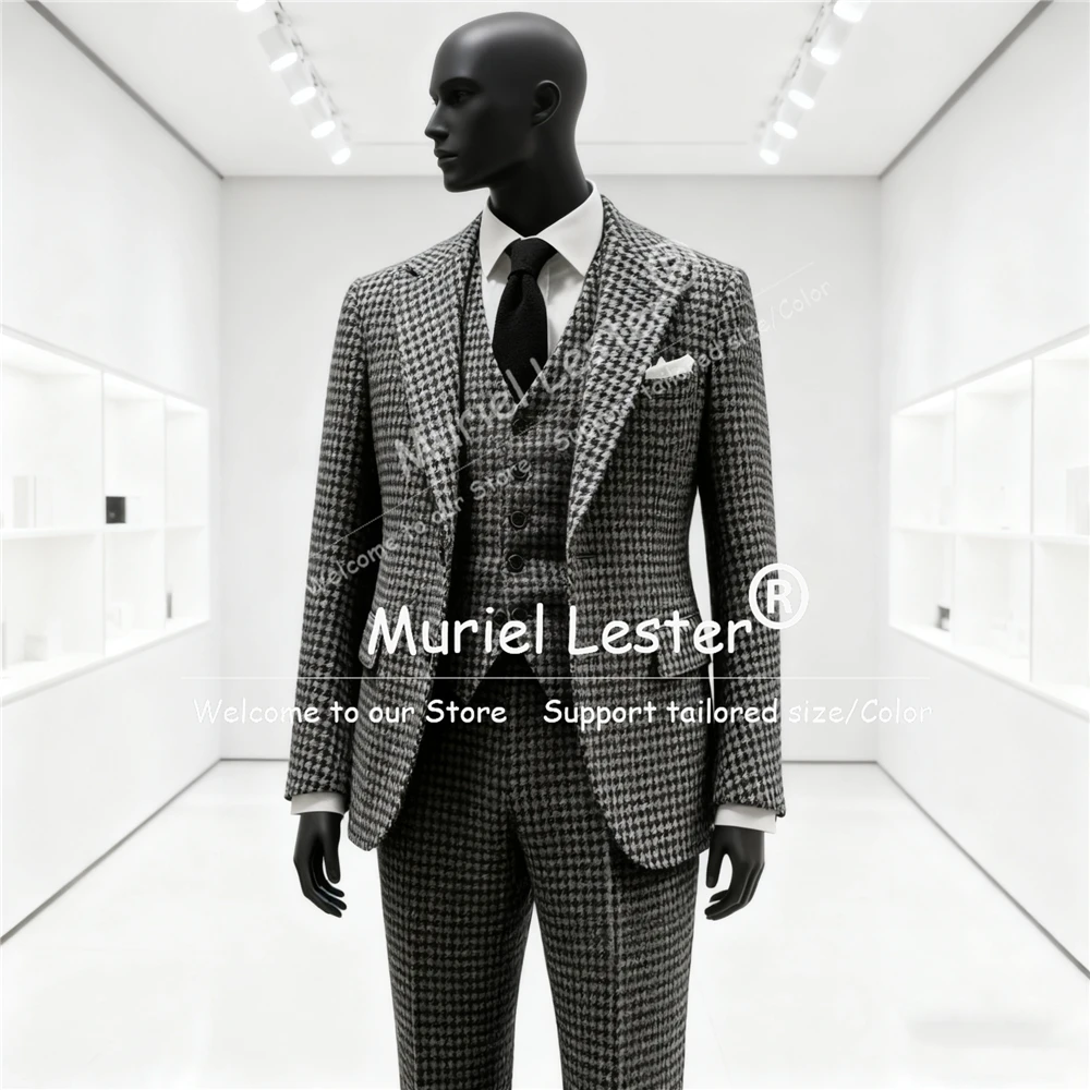 

Элегантный костюм с узором «гусиные лапки» для мужчин, модный костюм с лацканами из трех предметов, пиджак, жилет, брюки, индивидуальные формальные вечерние смокинги