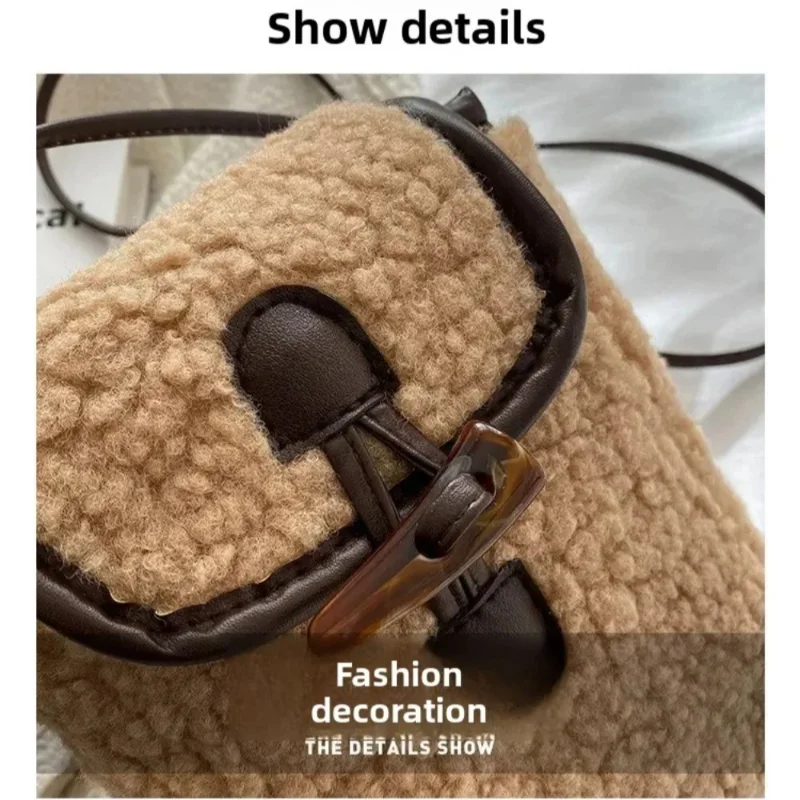 Modna zimowa torebka na telefon z wełny jagnięcej, słodka, urocza, przenośna damska portmonetka, kwadratowa torebka, pluszowa torba na ramię ze sztucznego futra.