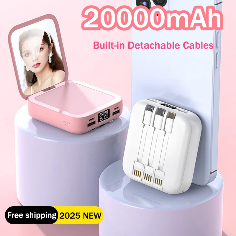 

Зеркало для макияжа Power Bank 20000 мАч, быстрая зарядка, встроенные съемные кабели, портативное зарядное устройство, внешний аккумулятор для IPhone Xiaomi