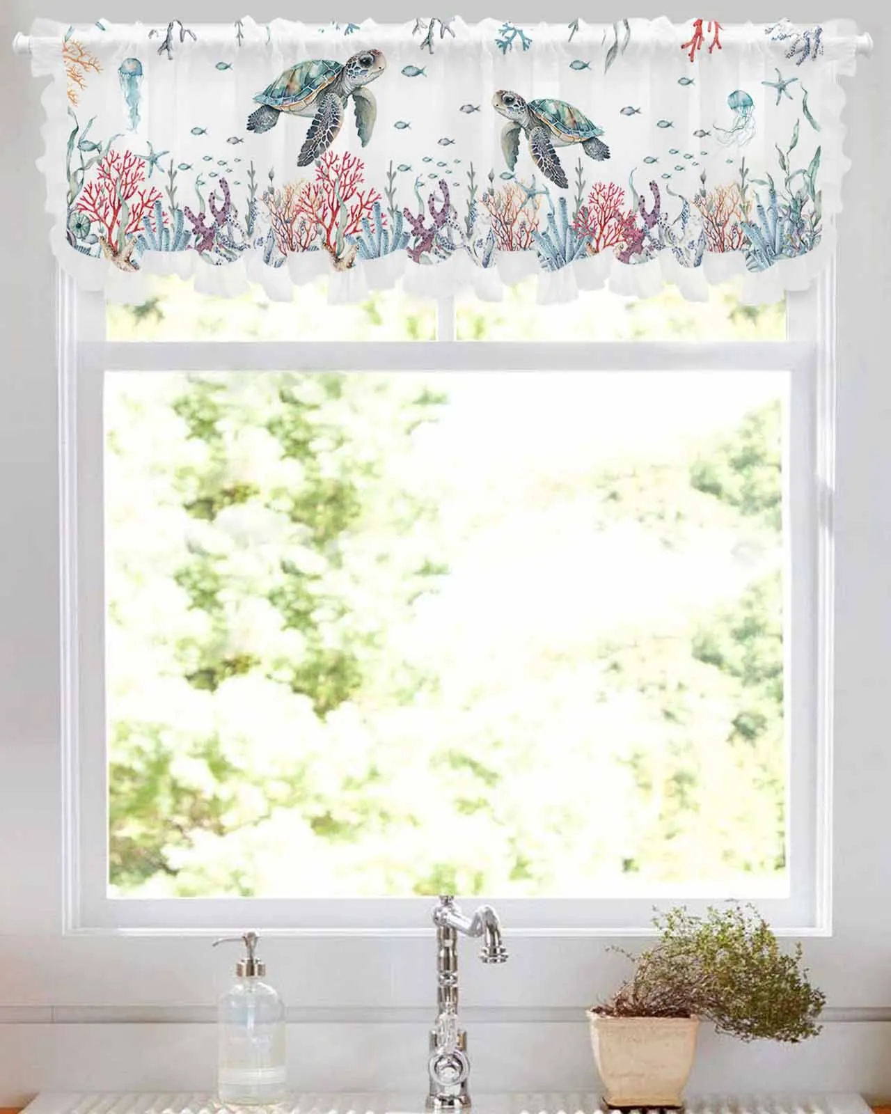 

Summer Sea Life Coral Sea Turtle Short Tulle Half Curtains for Living Room Kitchen Door Cafe Window Sheer Valance Drapes