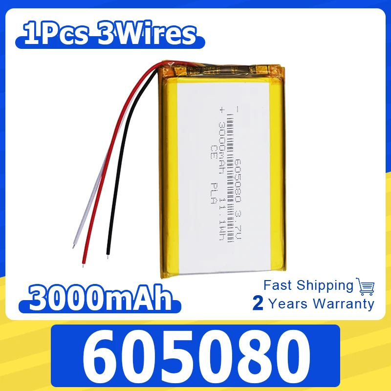 3.7V 3000mAh 11.1Wh NTC 3-Wires Thermistor Li Lithium Battery 605080 Lipo For GSP DashCam Car Camera Bluetooth Speaker e-book