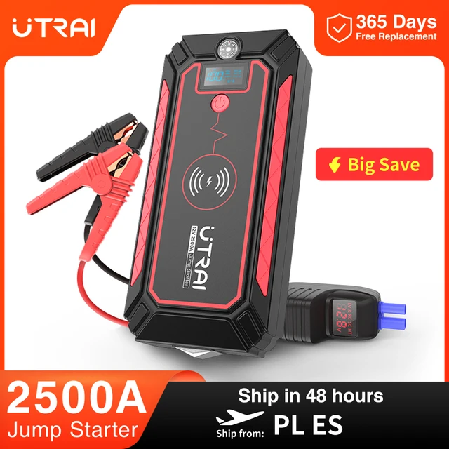 UTRAI 2500A rozrusznik akumulatora samochodowego przenośny Power Bank 10W bezprzewodowa ładowarka LED Light młotek bezpieczeństwa urządzenie do uruchamiania awaryjnego samochodu