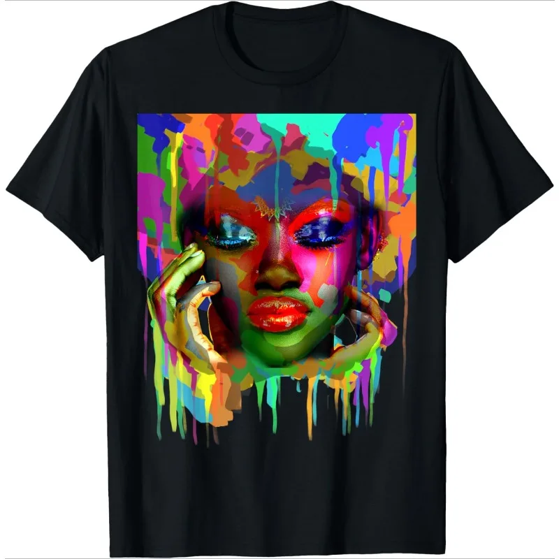 

Colourful Graffiti Art T-Shirt Modern Fashion Abstract Portrait Print Women's Black Short-Sleeved Casual Loose-Fit Crew Neck Top