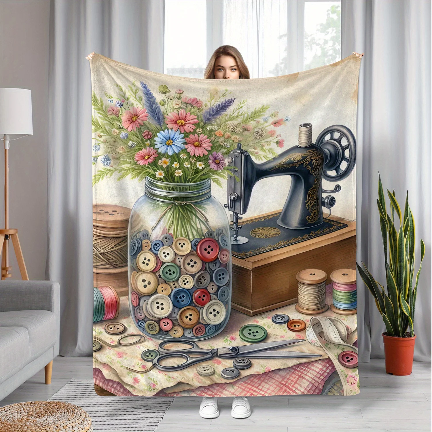 Vintage Style Button And Sewing Machine Print Flannel Blanket - 100% Comfortable Digital Print All-Season, Soft Warm High Qualit