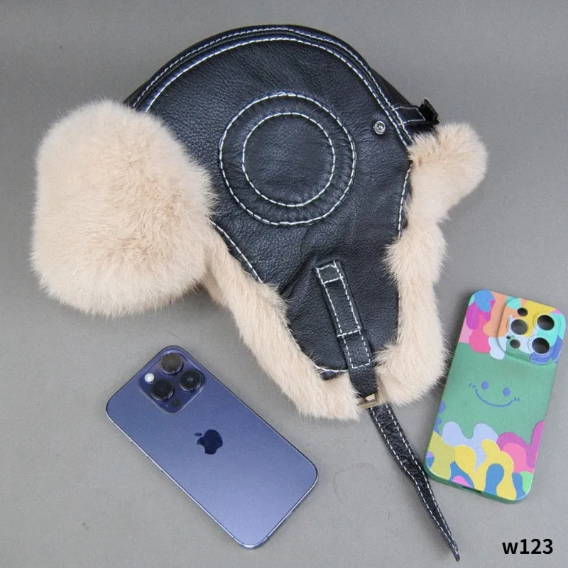 2025 Fashion Men's 100% Natural Rabbit Fur Bomber Hats Winter Russian Man Warm Real Sheepskin Leather Hat Male Real Fur Caps