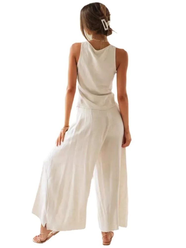 Letni dwuczęściowy zestaw damski w jednolitym kolorze z dekoltem w serek, modny bezrękawnik z sznurowaniem + spodnie z szerokimi nogawkami, elegancki strój do biura.