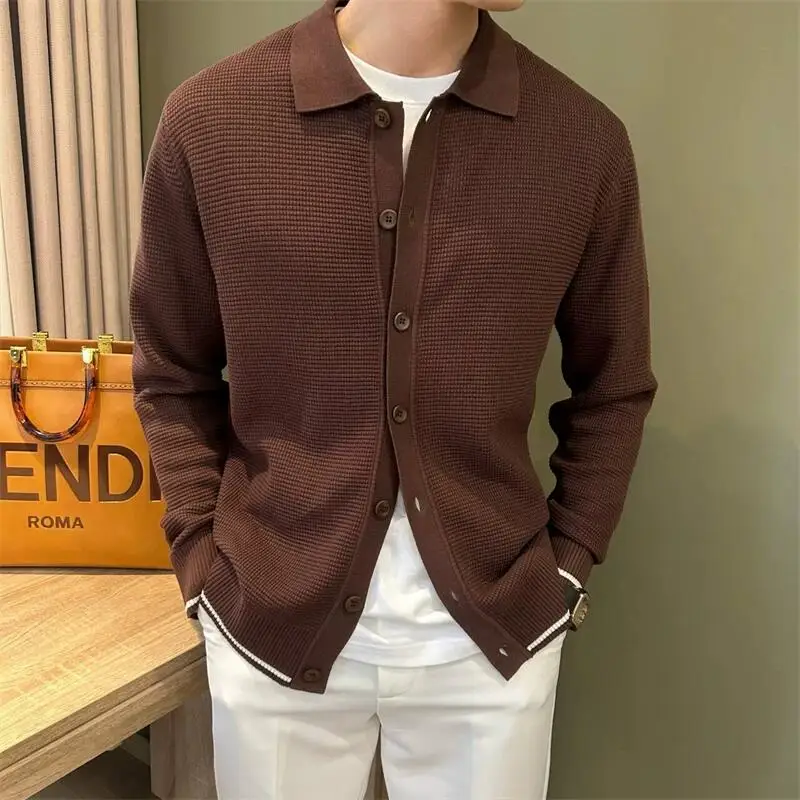 Light ripe simple lapel men's sweater pure cashmere waffle plaid color matching sweater cardigan small coat