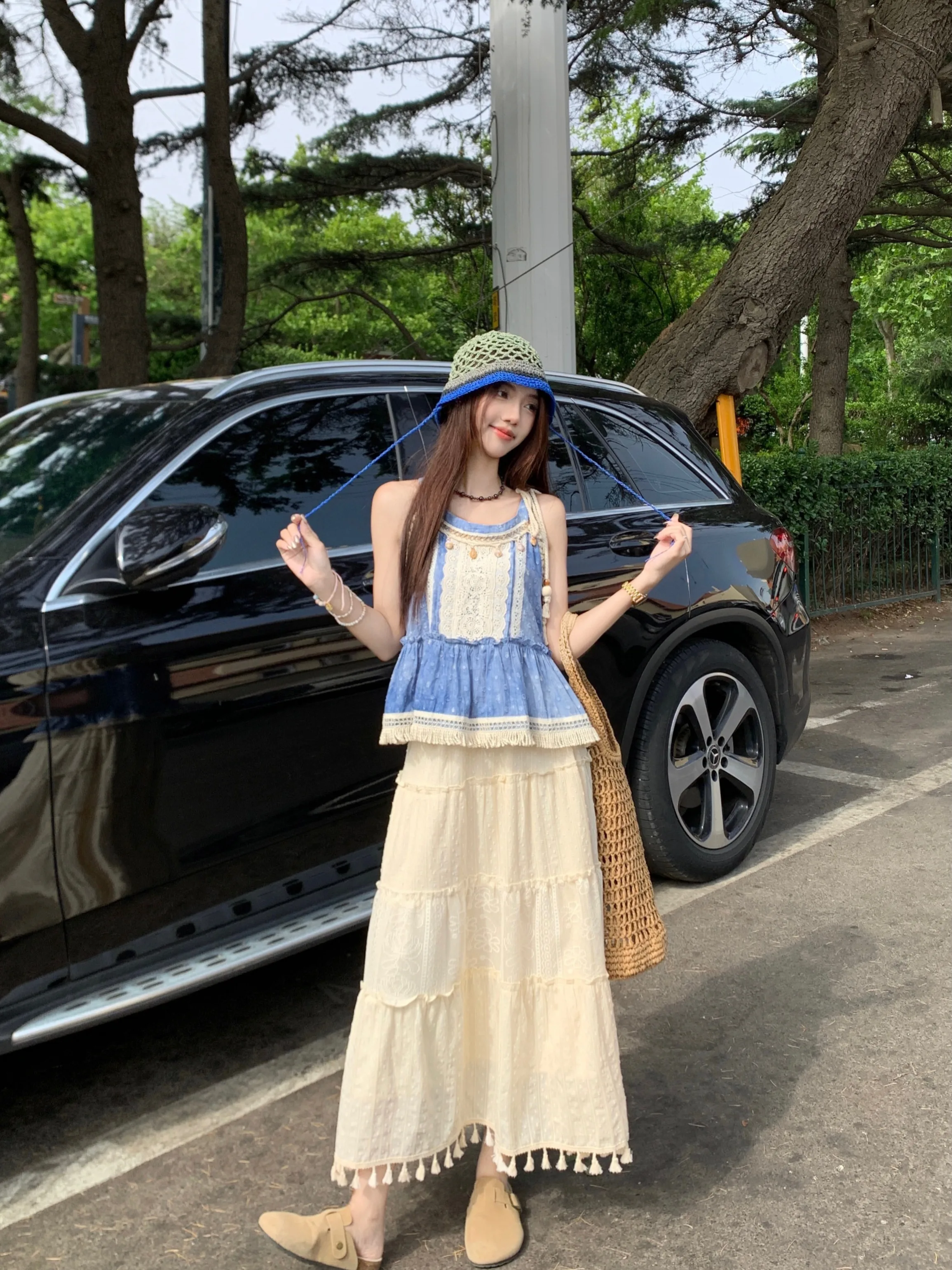 High Quality Hot Selling Bohemian Set Blue Tie Dye Camisole Top Lace Skirt Temperament Vacation Two-piece Set Vintage Harajuku