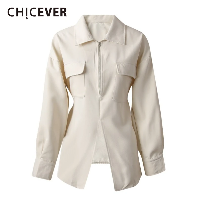 

CHICEVER Solid Spliced Zipper Female Shirt Lapel Long Sleeve Slimming Temperament Basics Women's Shirts Summer New Style Fashion