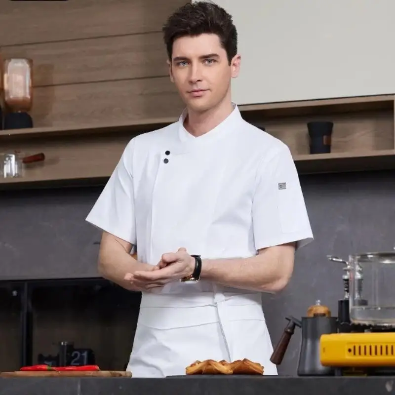 Men's Chef Uniform Jacket Restaurant Kitchen Ice Silk Short Sleeve Cooking Work Clothes Print LOGO Pastry Baker Professional Top