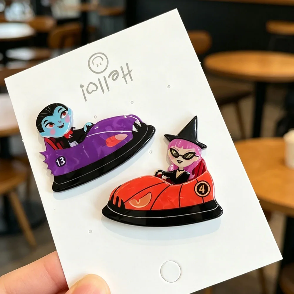 CINDY XIANG Double Layer Acrylic Brooch HD Printed Cartoon Vampire Witch Bumper Car Lapel Pin, Halloween Character Badge