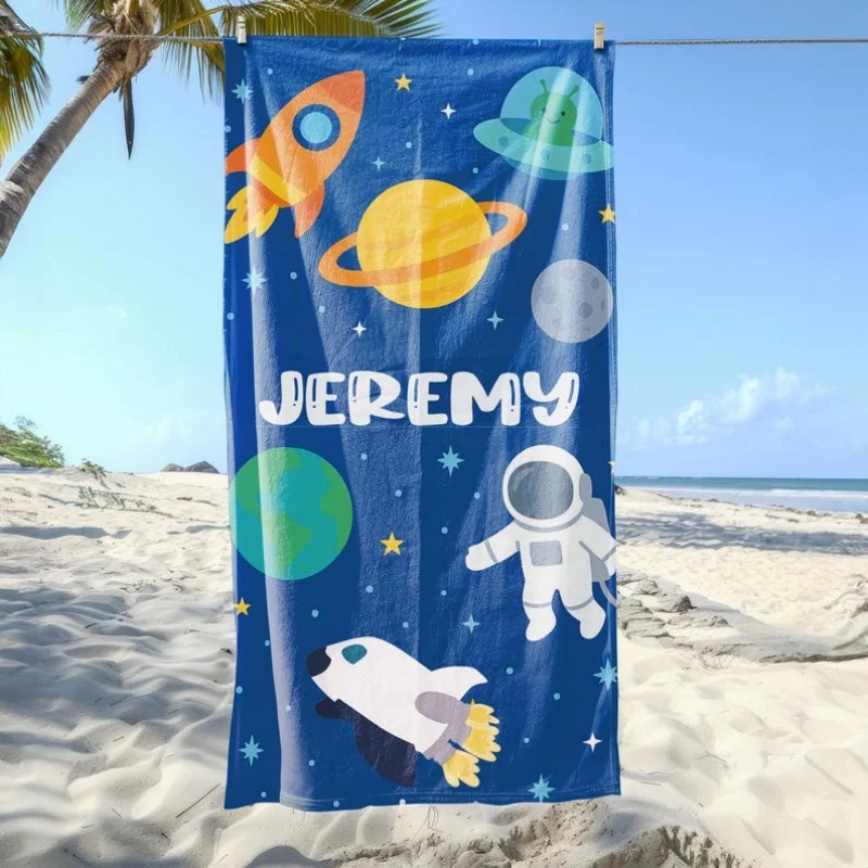 Kids Beach Towel Personalized Rainbow Mermaid Shark Dino Space Designs Soft Absorbent Quick Dry Custom Name Towel For Kids
