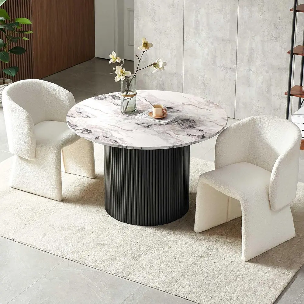 

3-Piece Dining Set with 47 Round Table and White Upholstered Barrel Chairs, Industrial Style, Engineered Wood Tabletop