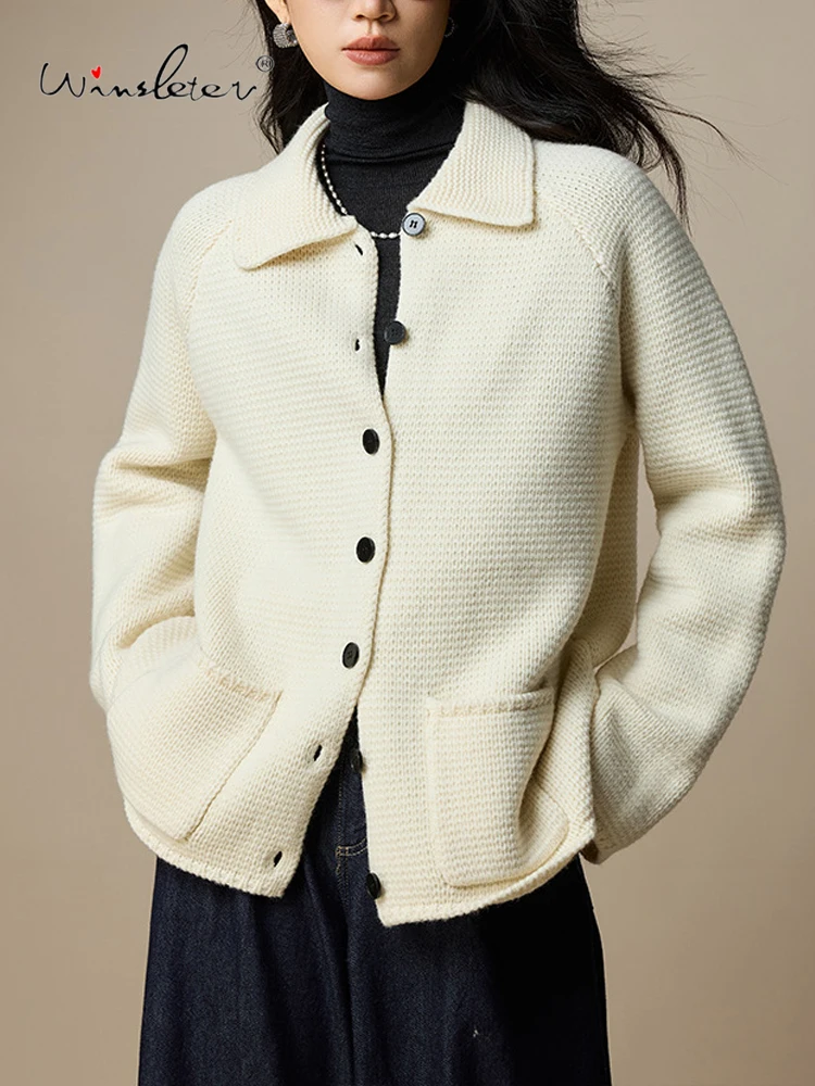 

Winsleter-100%Wool Elegant Sweater Coat, Turn-down Collar Pocket, Women French Temperament Chic Cardigan, 2025 Autumn C5O046CC