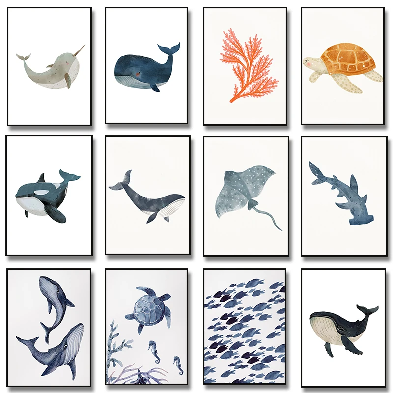 Hai, Schildkröte, Delfin, Wal – Meeresfische, Aquarell, rahmenloses Leinwandposter für Wohnzimmer, Kinderzimmer, Heimwanddekoration