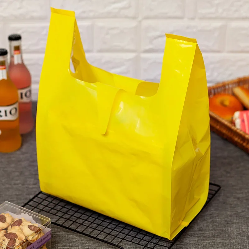 50Pcs Solid Color Thicken Plastic BagTakeaway Dessert Supermarket Grocery Shopping Plastic Bags with Handle Food Packaging Bag