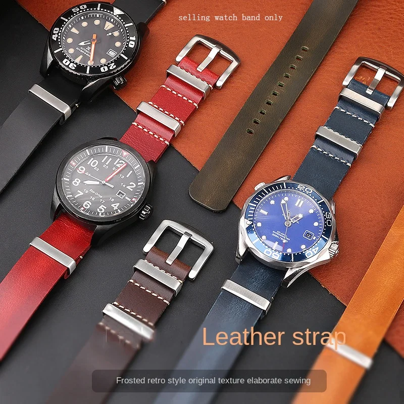 남성용 정품 가죽 시계 스트랩, 오메가, IWC, R-olex, 해밀턴, 시티즌 시리즈에 적합한 소가죽 시계 체인, 20mm, 22mm, 24mm