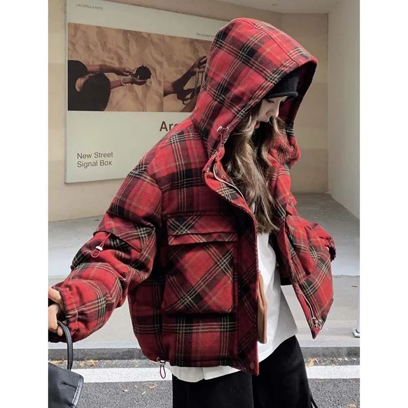 Red Checkered Down Cotton Jacket Women's Short Winter 2026 New Design Jacket Red Plaid Hooded Bread Suit Coats