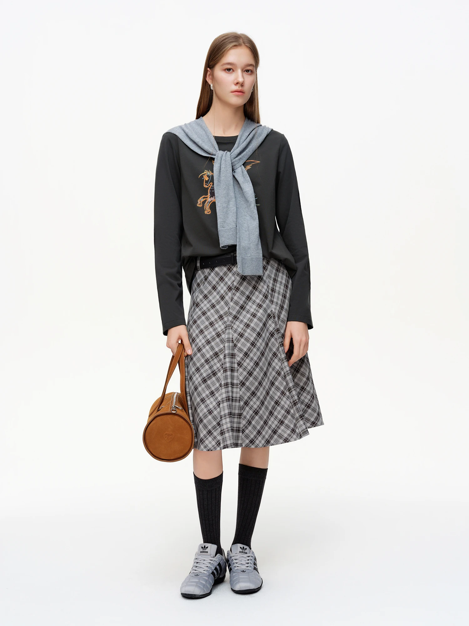DUSHU Women's Plaid A-Line Midi Skirt 2026 Spring Diagonal Panel Slim Fit Preppy Style Retro Classic Irregular Design Commuting