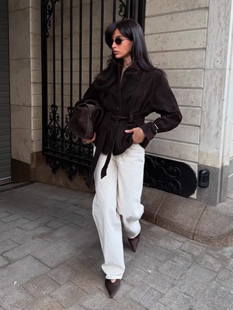 Donkerbruin Suede Oversized Blazer Vrouwen Lange Mouw Brede Schouders Jas 2023 Nieuwe Herfst Highstreet Leisure Chic Lady Outerwears