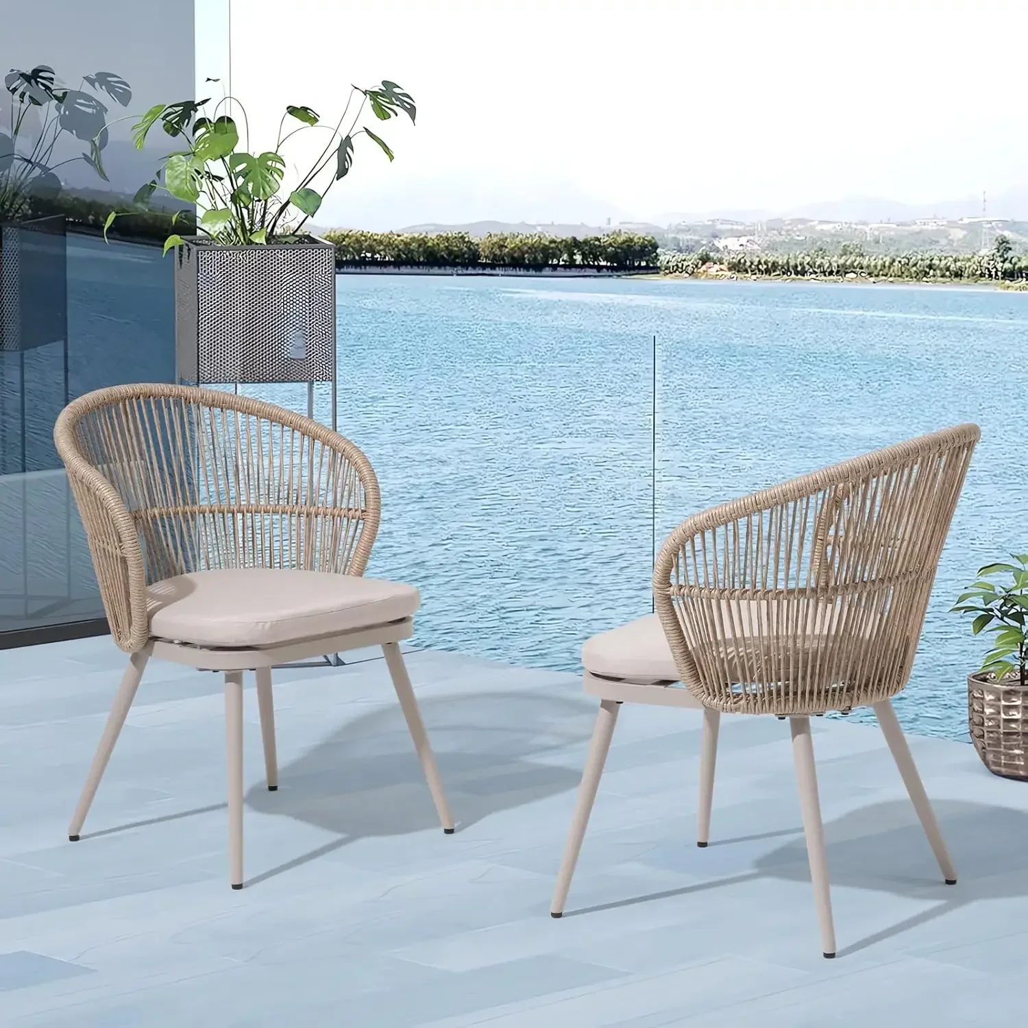 Outdoor Woven Rattan Wicker Chairs Conversation Patio Dining Set With Soft Beige Cushions For Bar Balcony Backyard Six Pieces