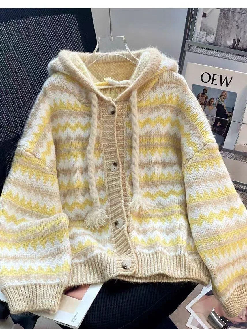 Korean Style Loose Thickened Knitted Hat Sweater Coat Women's Autumn Winter Open Cardigan Lazy Style High Quality Knitted Car...