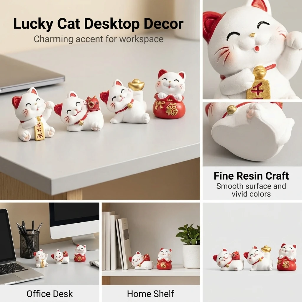 4pcs Lucky Cat Figurines Eco-Friendly Resin for Office Desk Decor Cute Fortune Cat Statues Housewarming Birthday Gift Set