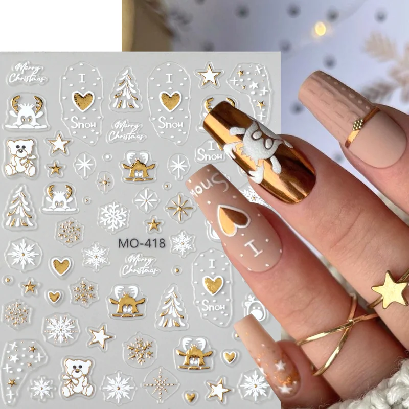 Złote naklejki na paznokcie świąteczne Y2K, brązujące, z motywem choinki, płatków śniegu, bałwana, gwiazdy, kreskówkowe jeleń, niedźwiedź, naklejki do manicure na Nowy Rok.