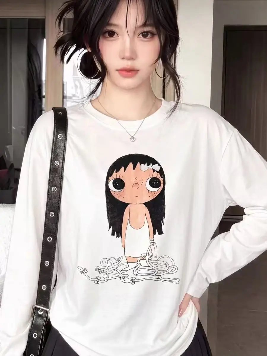 Korean Style Long Sleeve Cartoon Print T-Shirt Women's Early Autumn Lazy Loose Casual Versatile Anti-Aging Trendy Top