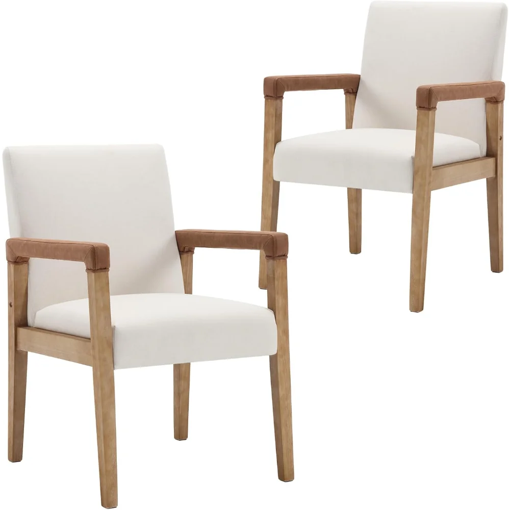 

Mid Century Modern Dining Chairs Set of 2 Linen Fabric Upholstered Living Room Side Chair, Kitchen Arm Chair with Solid Wood