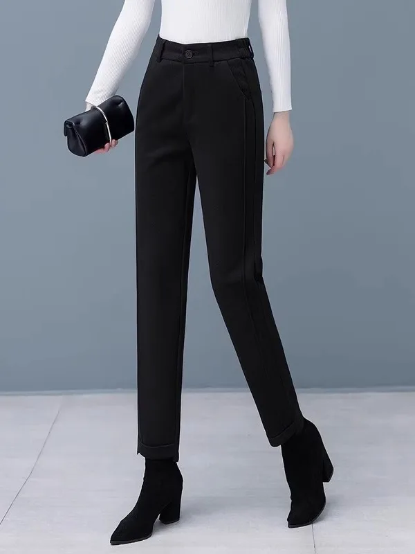 High Waist Fleece Lined Woolen Trousers Women's Autumn Winter Fashion Slim Fit Casual Pants Straight Leg Pocket Zipper PVC