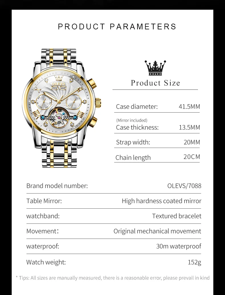 OLEVS 7088 Luxury Automatic Mechanical Watches for Men Skeleton Flywheel Calendar Week Business Man Watch Hollowed Men's Watches