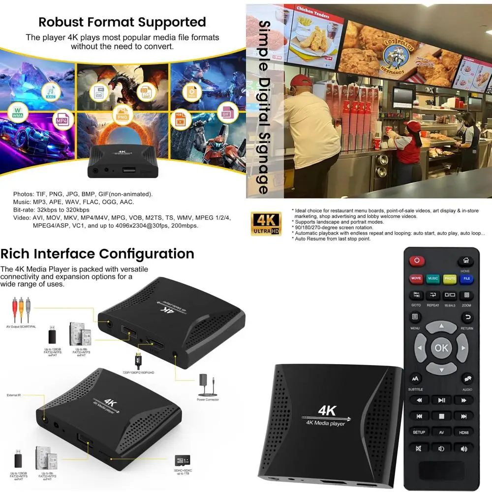 

4K Ultra-HD Digital Media Player for USB Drives and MicroSD Cards with 4K HD and Analogy AV, Digital Signage,Automatic Playback,