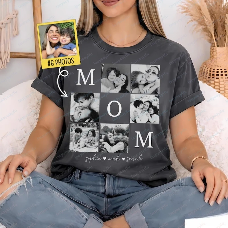 

Fashion Retro Style Custom Mom Photo Shirt Personalized Mothers Day Shirt with Children's Names Fun Birthday Mom Gift Cotton Tee