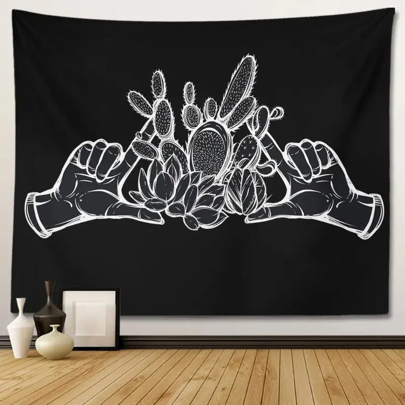 VIKAMA Black White Hands Cherry Blossom Wall Tapestry Sakura Branch Flower Petal Japanese Minimalist Line Art Zen Decor Vintage